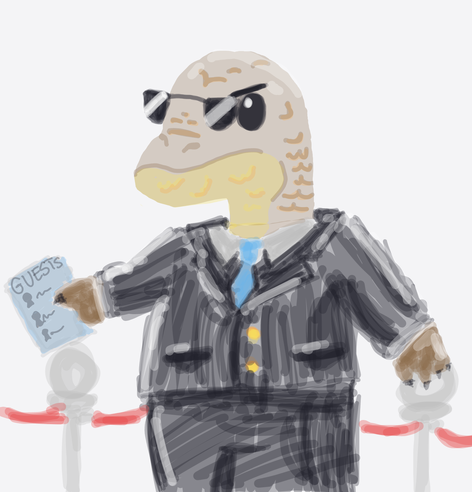 My Komodo dragon as bouncer — a one-shot sketch by Mizzie on The Midnight Gallery daily drawing app.