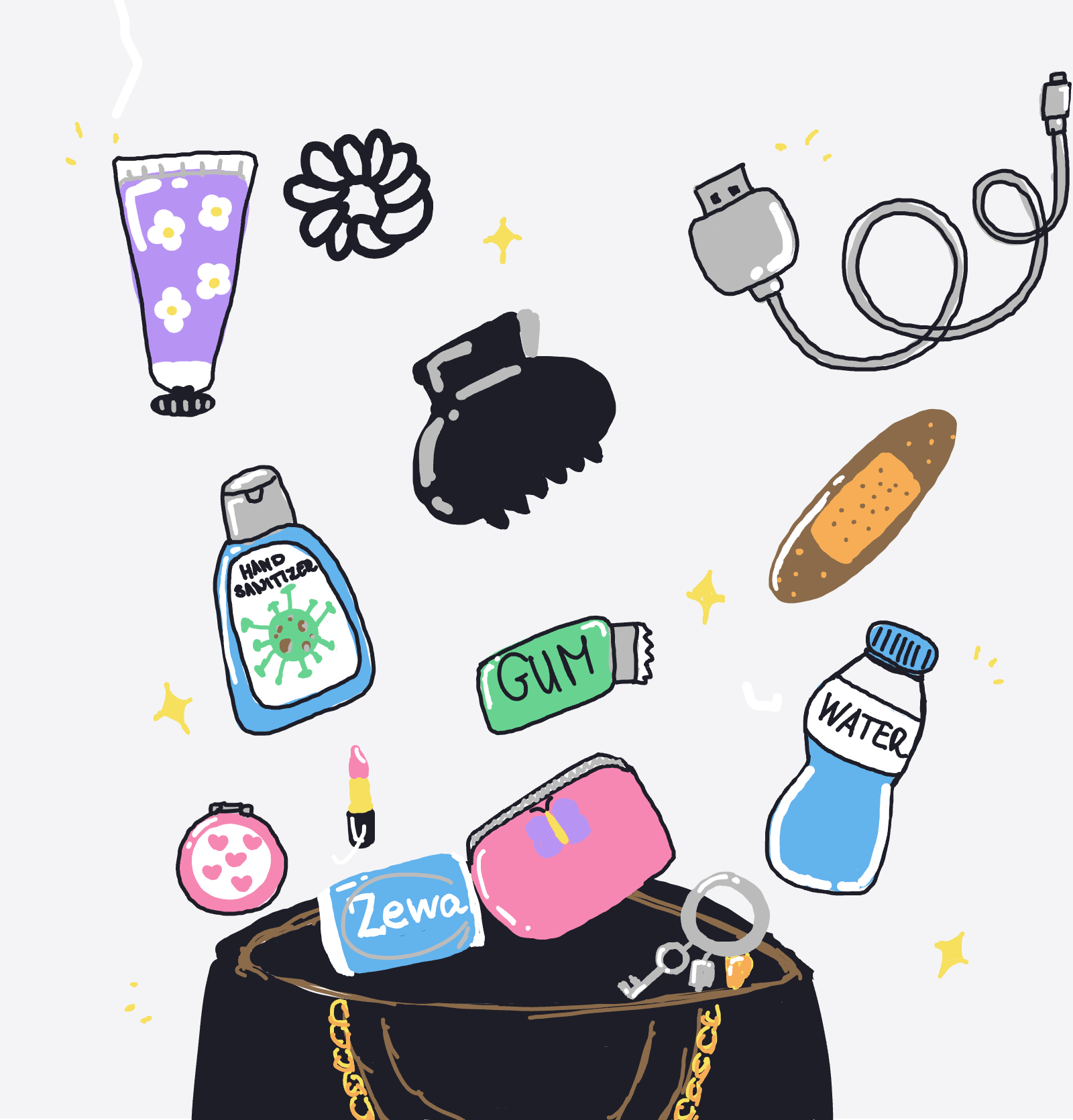 My What’s in my bag — a one-shot sketch by Mizzie on The Midnight Gallery daily drawing app.